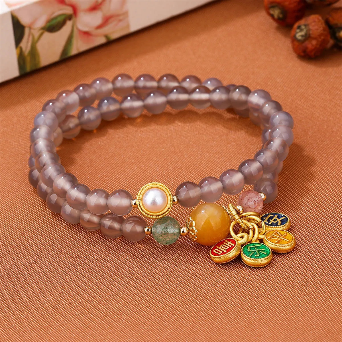 Women's handmade gray agate bracelet with a two-circle safe and happy retro design.