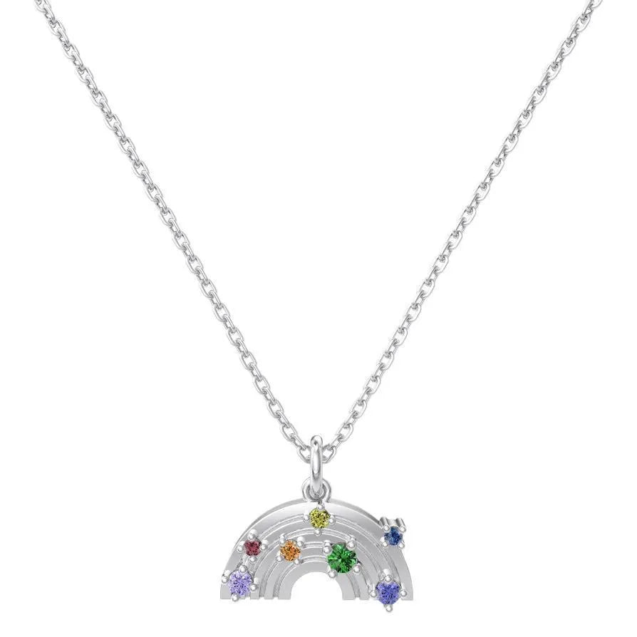 S925 sterling silver necklace with rainbow inlaid U-shaped geometric pendant on clavicle chain in platinum finish