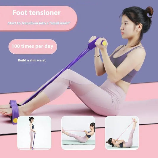 Yoga four piece set showing leg master device, yoga ring, pedal chest expander and figure eight tension rope arranged for home fitness use