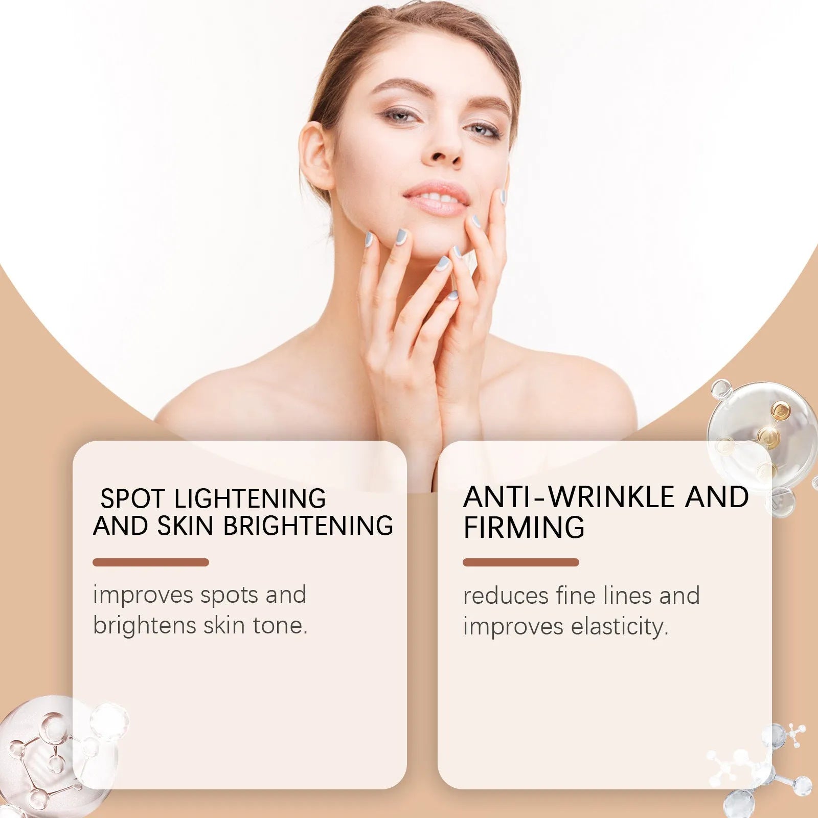 Single sheet facial mask in open packaging for anti-wrinkle and brightening care on delicate skin.