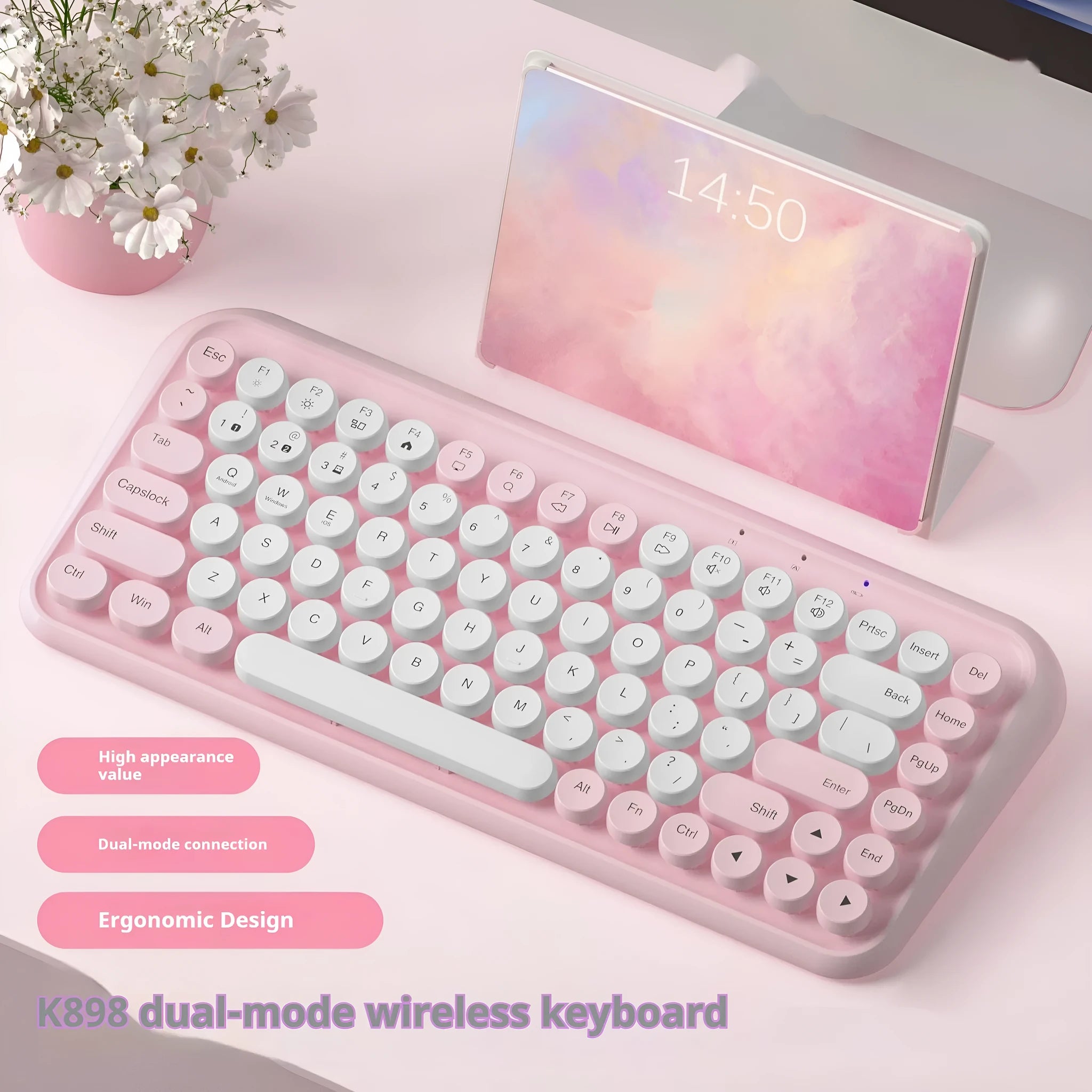 Pink Bluetooth wireless keyboard with 84 keys measuring 339mm wide