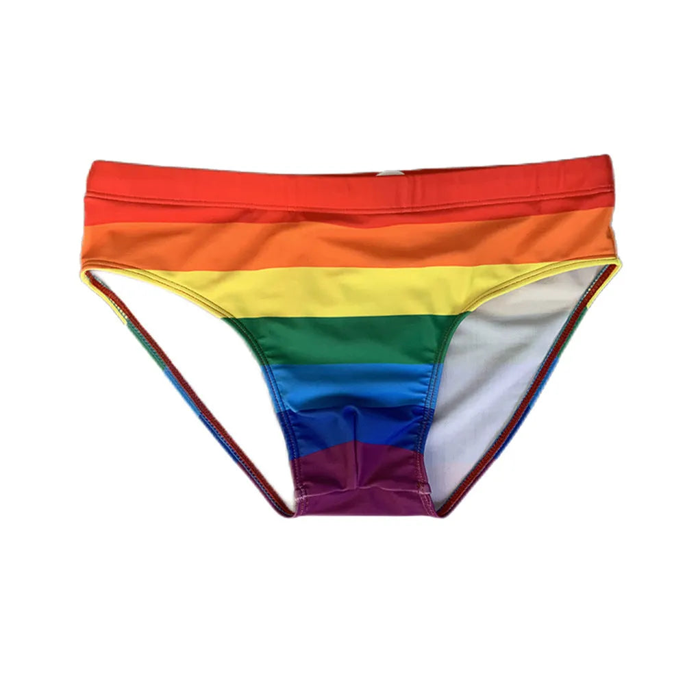 Rainbow striped nylon men's swimming trunks stretch briefs for beach wear