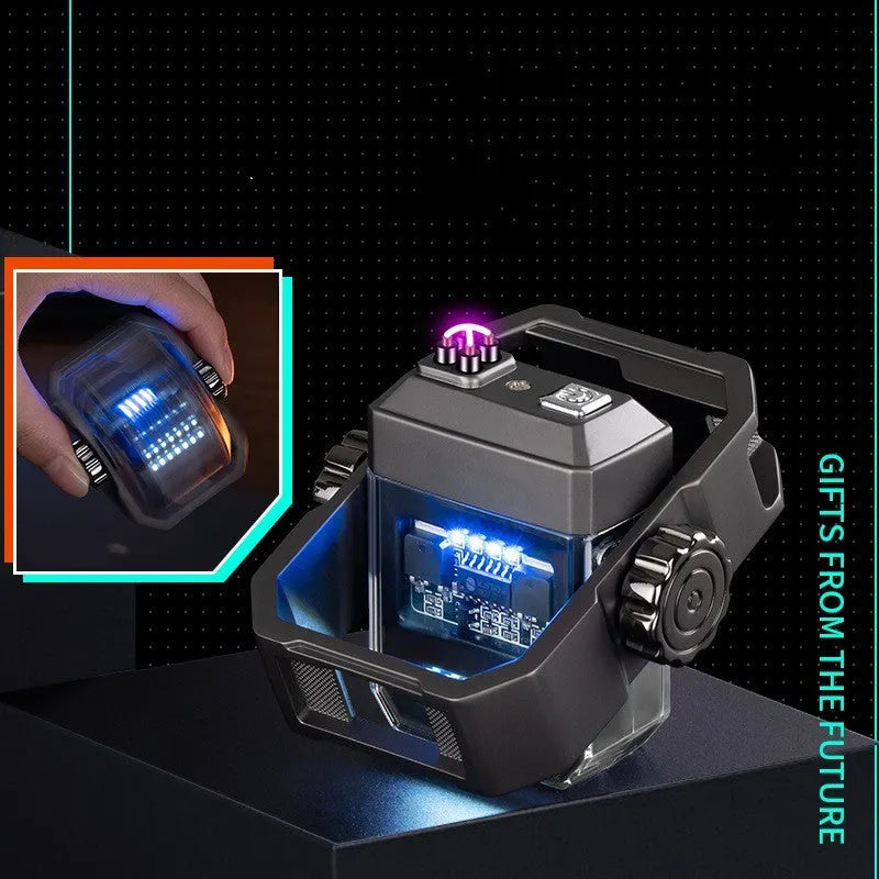Pulse electric lighter showing windproof double plasma arc and integrated mechanical gyroscope toy in zinc alloy body.