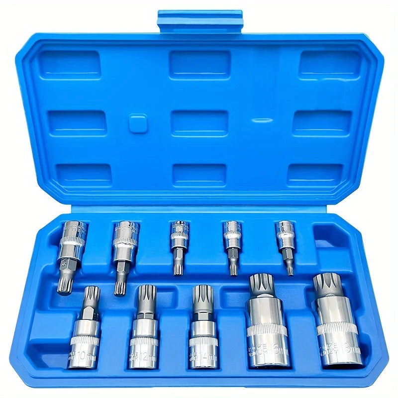 10-piece XZN triple square 12-point spline bit socket set with sizes 4mm to 18mm in a hard plastic case