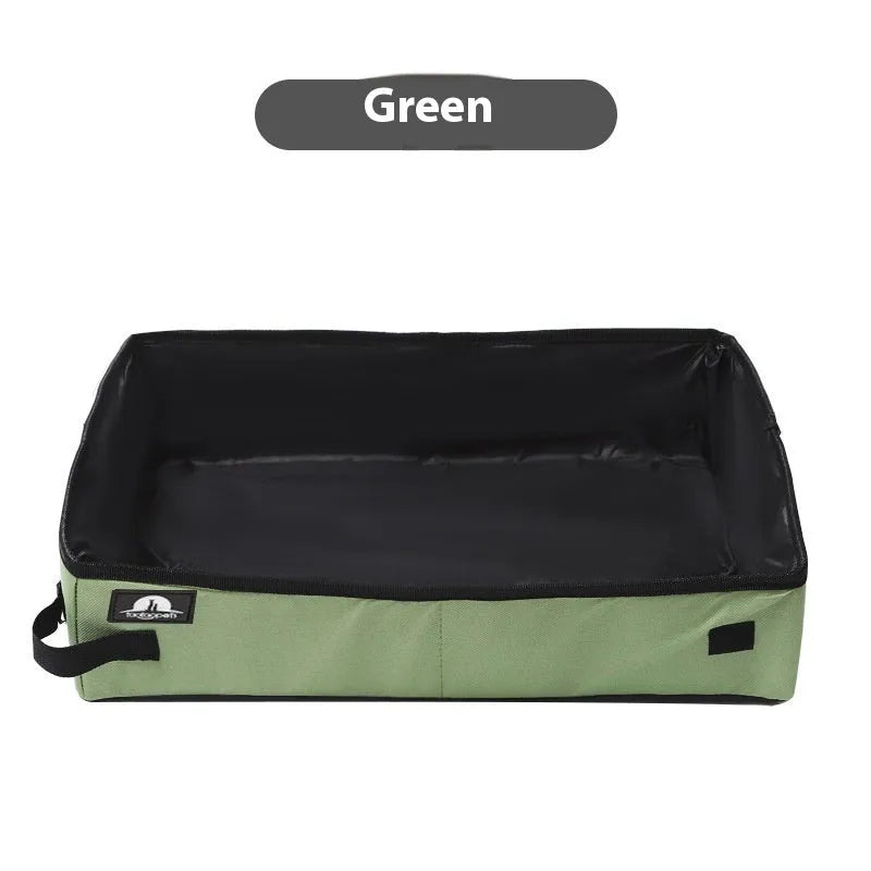 Portable foldable litter box in black Oxford cloth for cats, flat design with open top.