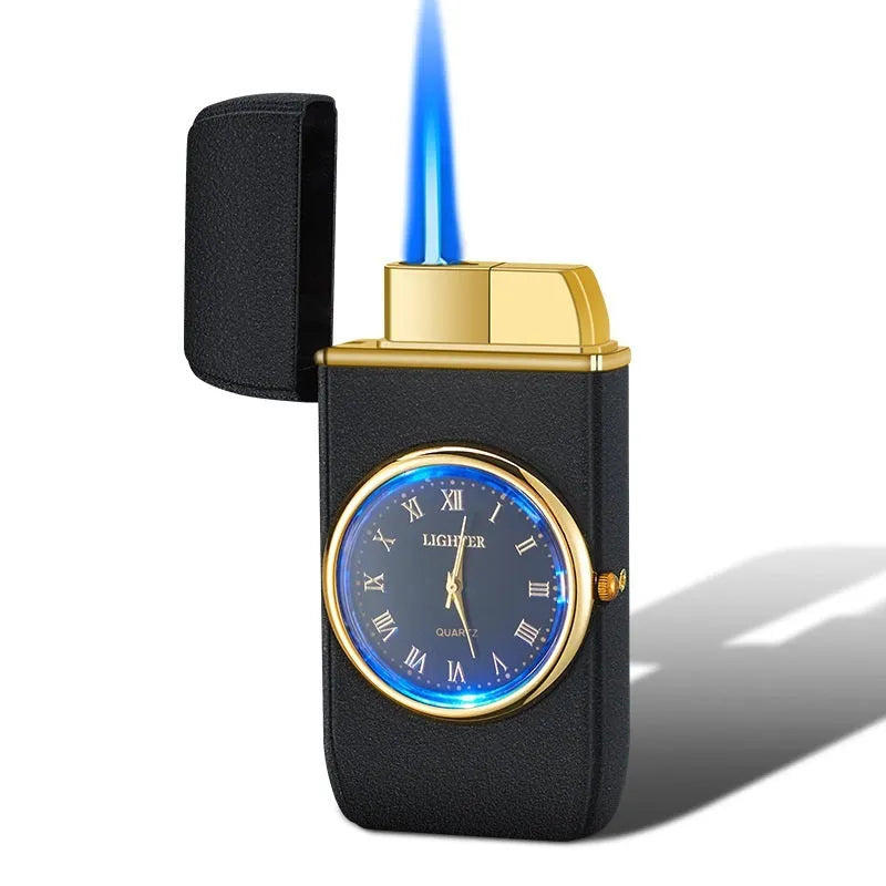 Multifunctional metal electronic watch and gas lighter with LED lamp shown in various colour finishes.