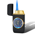 Multifunctional metal electronic watch and gas lighter with LED lamp shown in various colour finishes.
