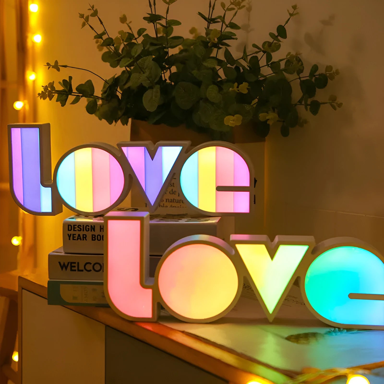 Rainbow halo style LED LOVE light sign measuring 35.5 x 13.5 cm for Valentine's Day decoration