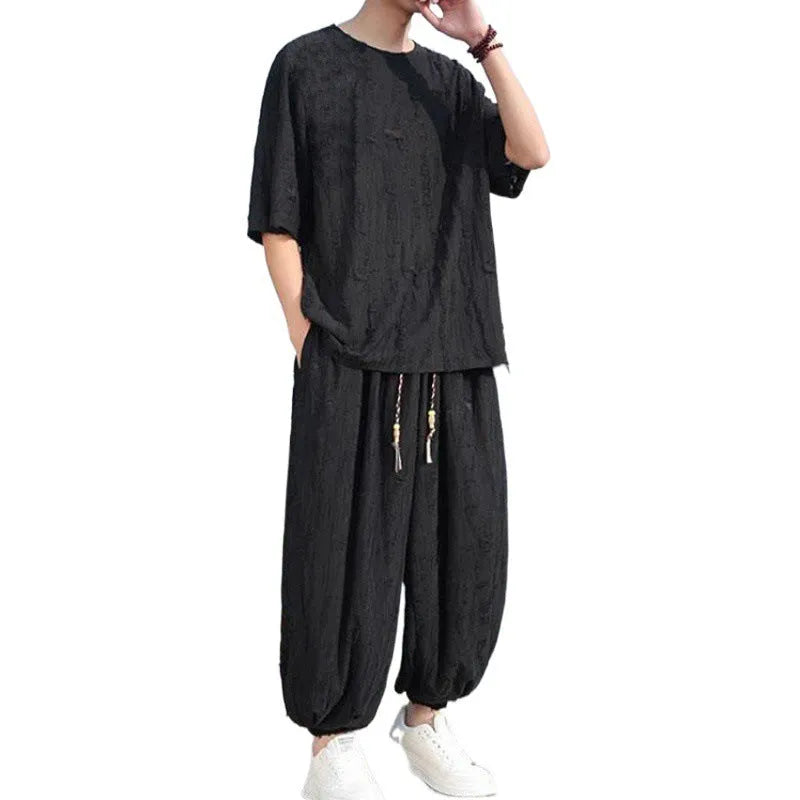 Men's thin knit short-sleeve suit with loose cropped trousers in black and grey colour options