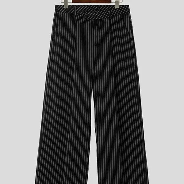 Men's black vertical striped pleated casual trousers with elastic rabbit hair bamboo blend fabric