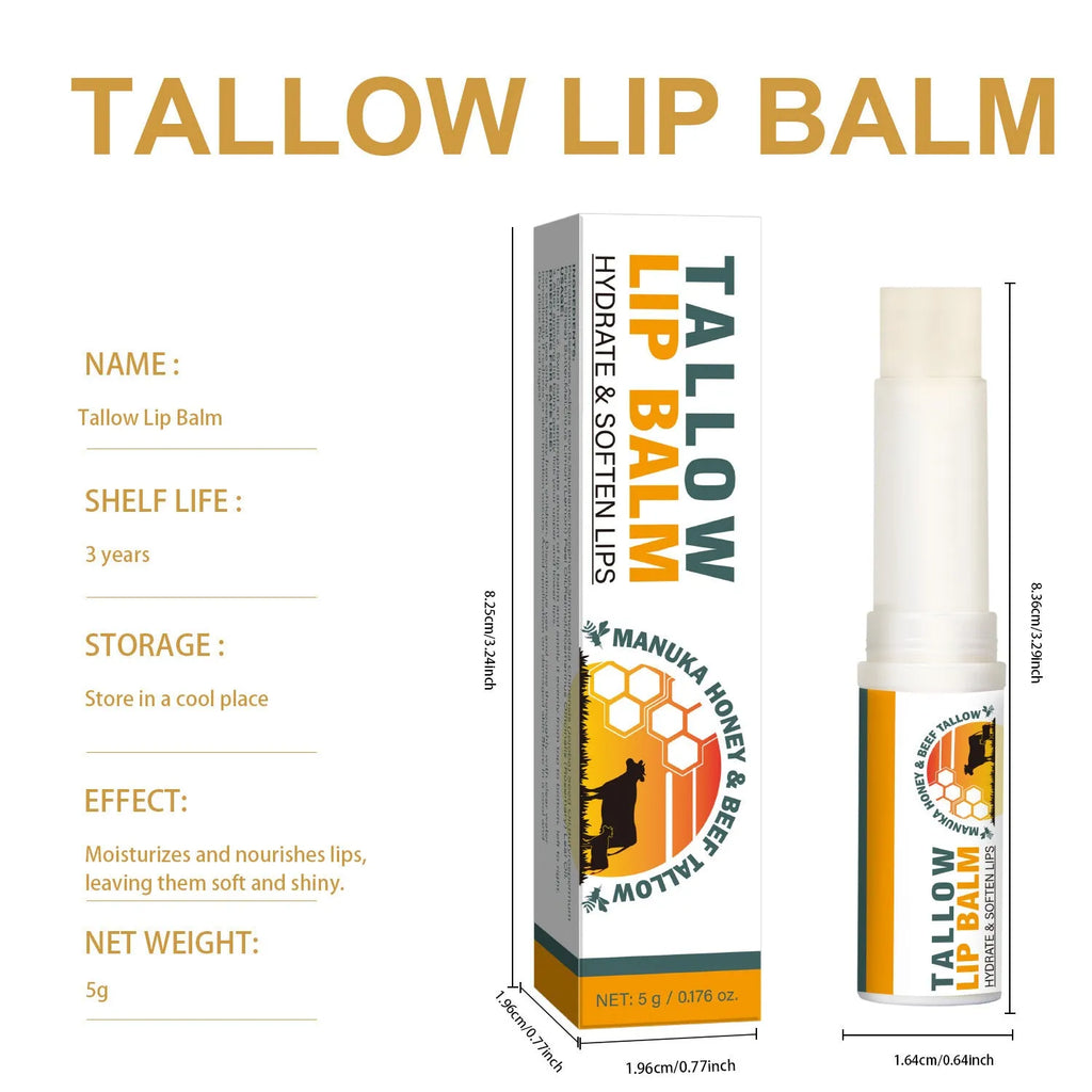 Refillable tallow lip balm stick in tin container showing 83mm length