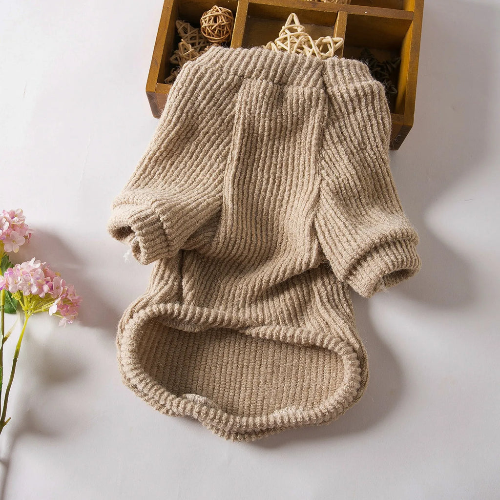 Brown knitted dog sweater jumper on a small dog, showing casual pullover design.
