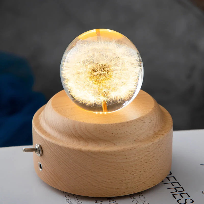 LED Night Light Flower Crystal Ball with wooden base, perfect for children's bedrooms