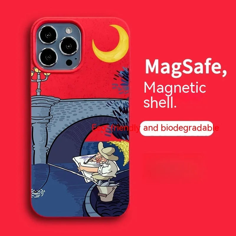 Men's magnetic retro phone case with oil painting design for iPhone 13 14 drop-resistant resin cover