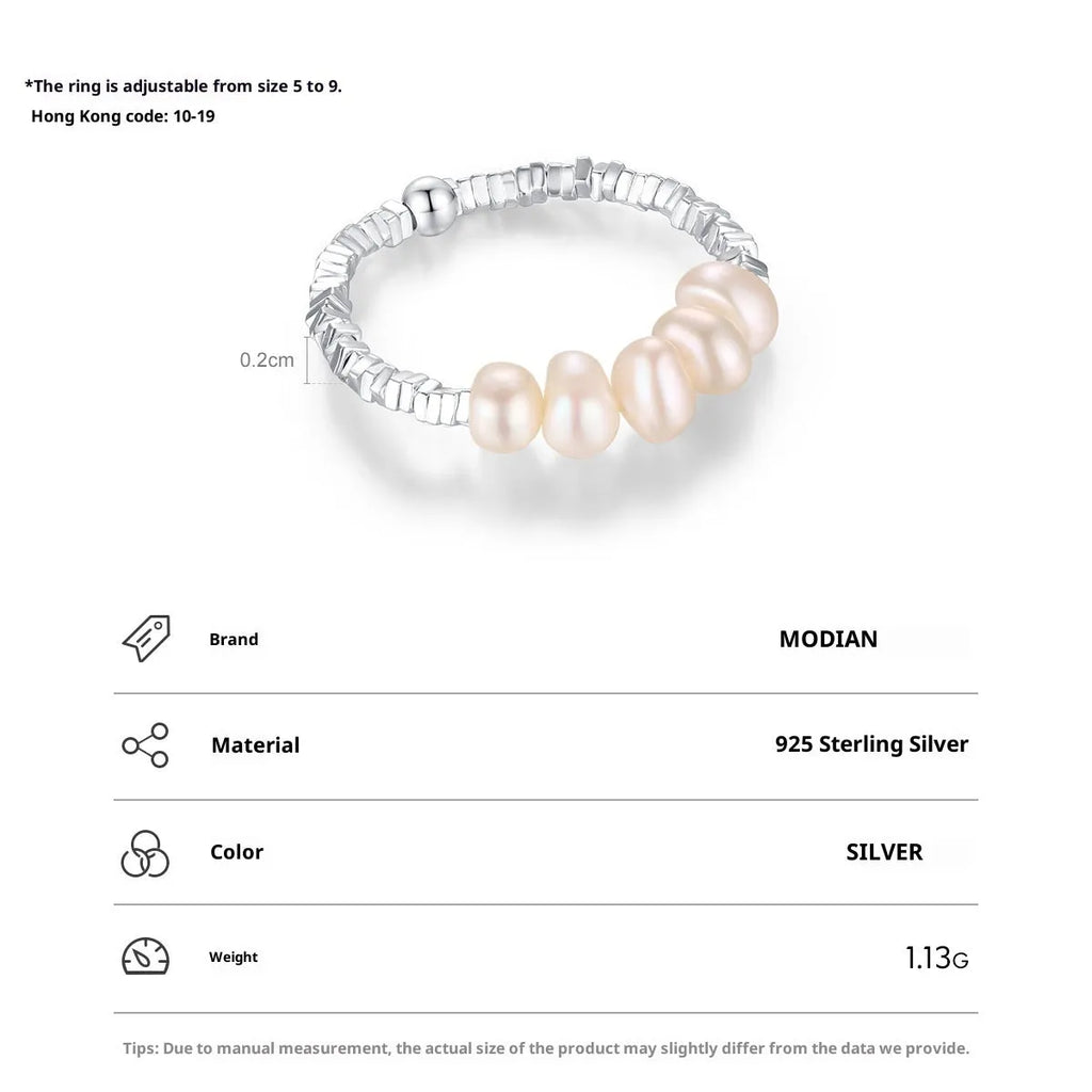 Women's S925 sterling silver natural pearl ring with adjustable open mouth design