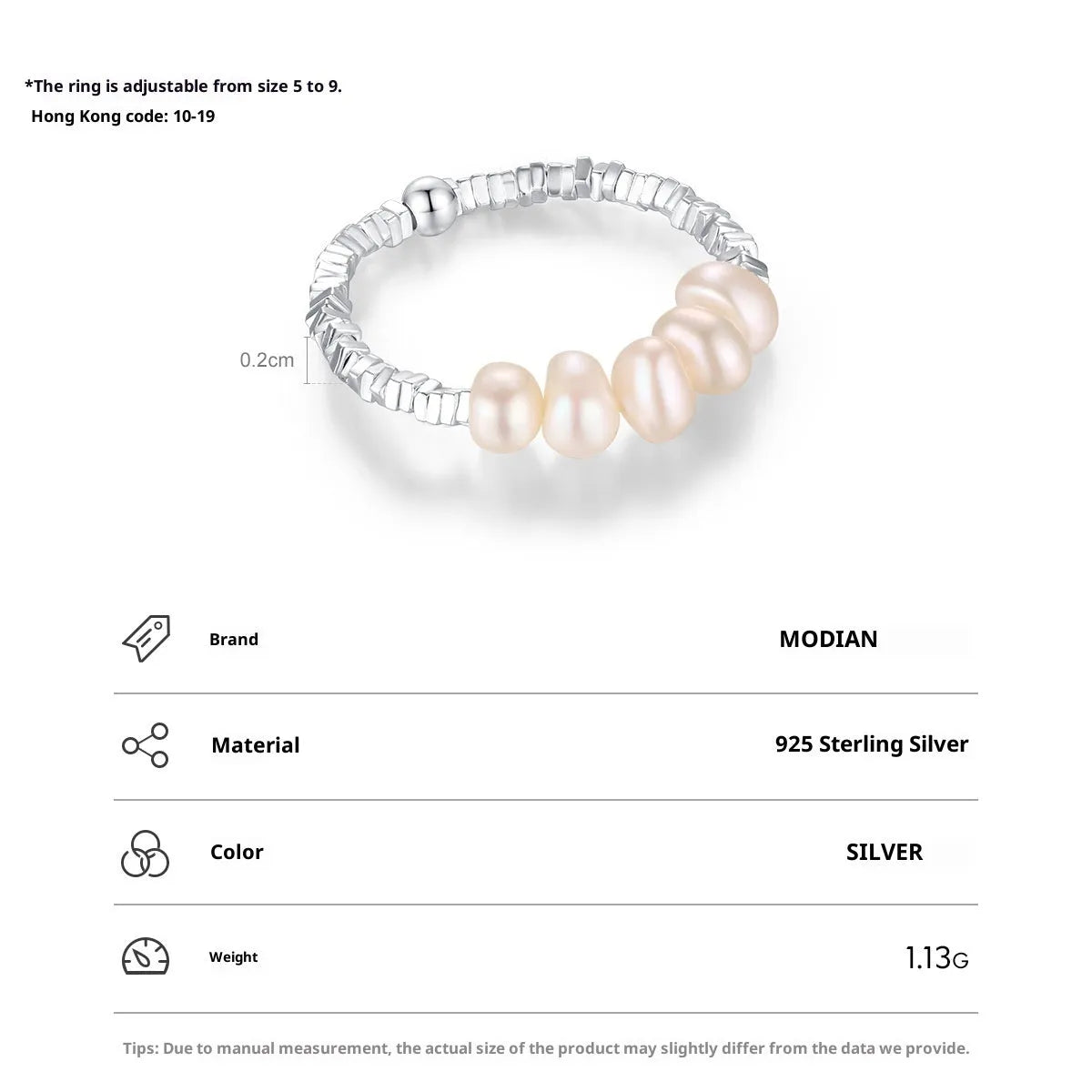 Women's S925 sterling silver natural pearl ring with adjustable open mouth design