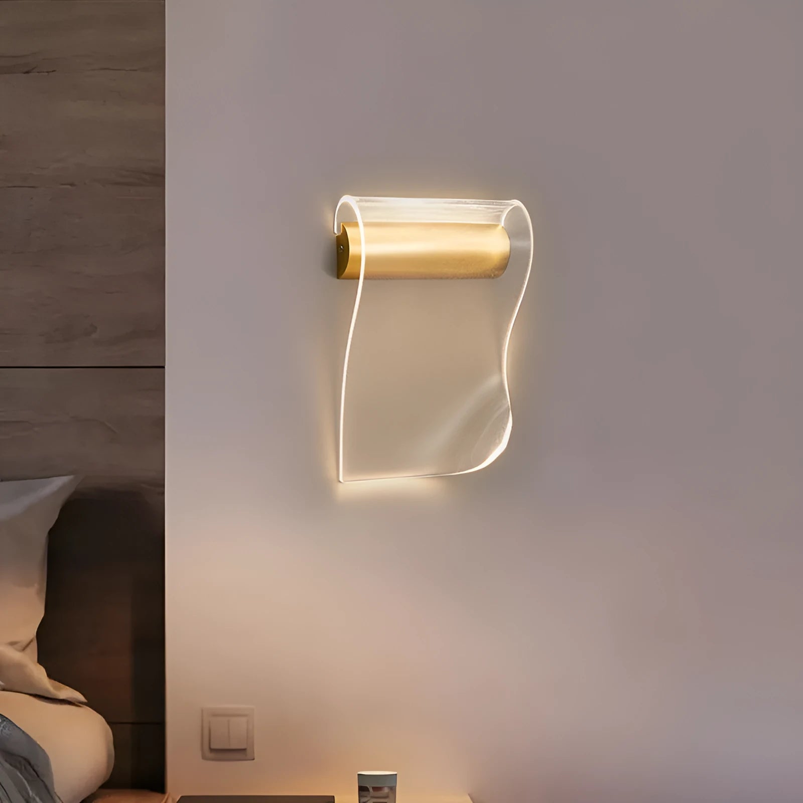 Modern wall lamp with white acrylic shade and bendable iron arm in left and right configuration options.