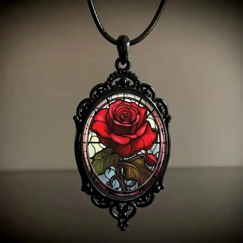 Gothic oval rose necklace for women in black with organic glass pendant and electroplated alloy chain