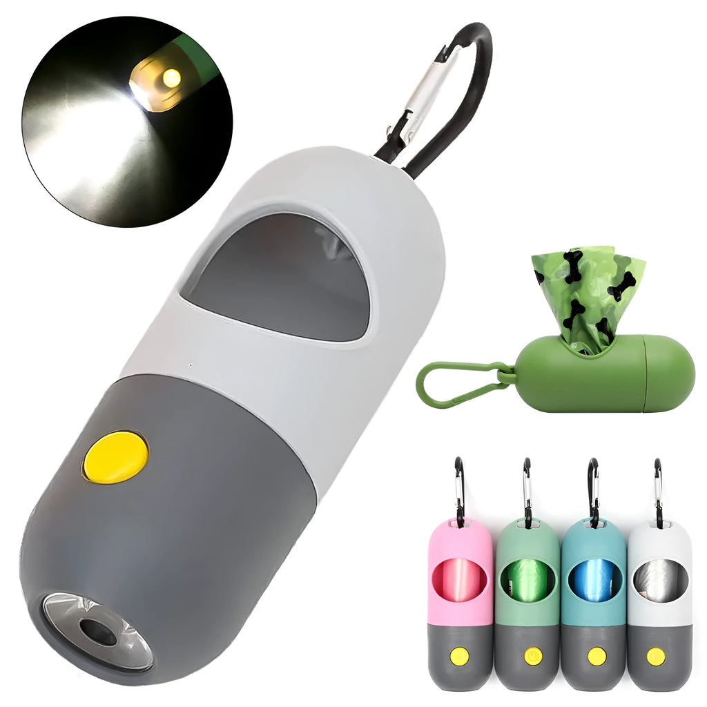 Compact LED pet waste bag dispenser in blue grey with a dog lead attachment and illuminated button