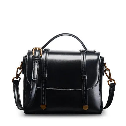 Women's genuine two-layer cowhide leather shoulder bag small square retro style in brown