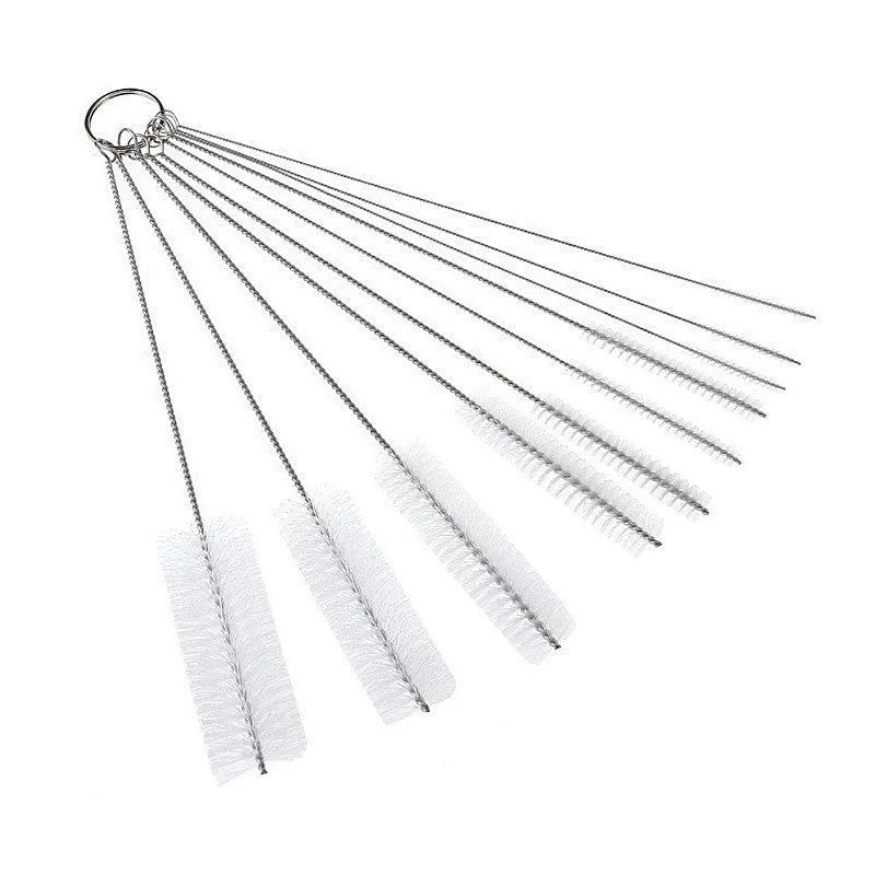 Set of nylon straw cleaning brushes with stainless steel handles in black and white colours