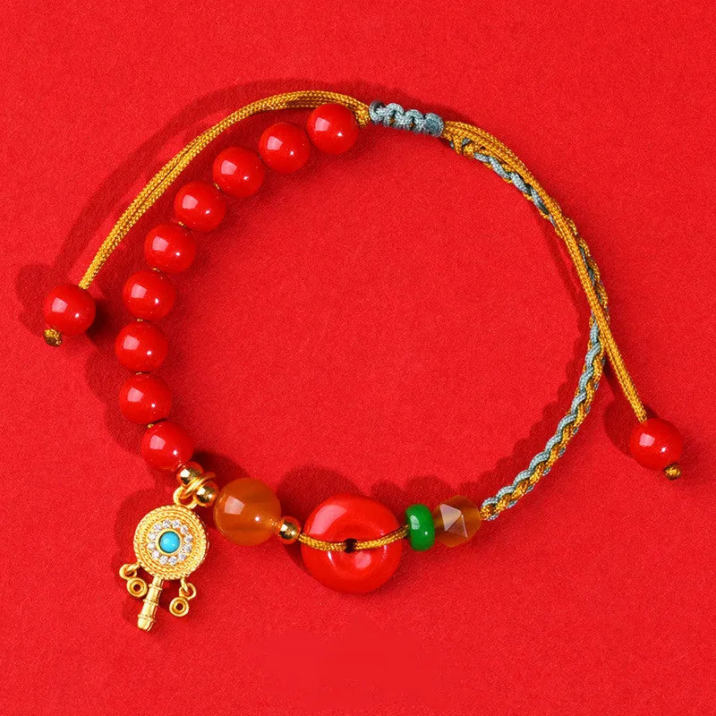 Emperor red sand cinnabar peace buckle bracelet with hand-woven geometric design