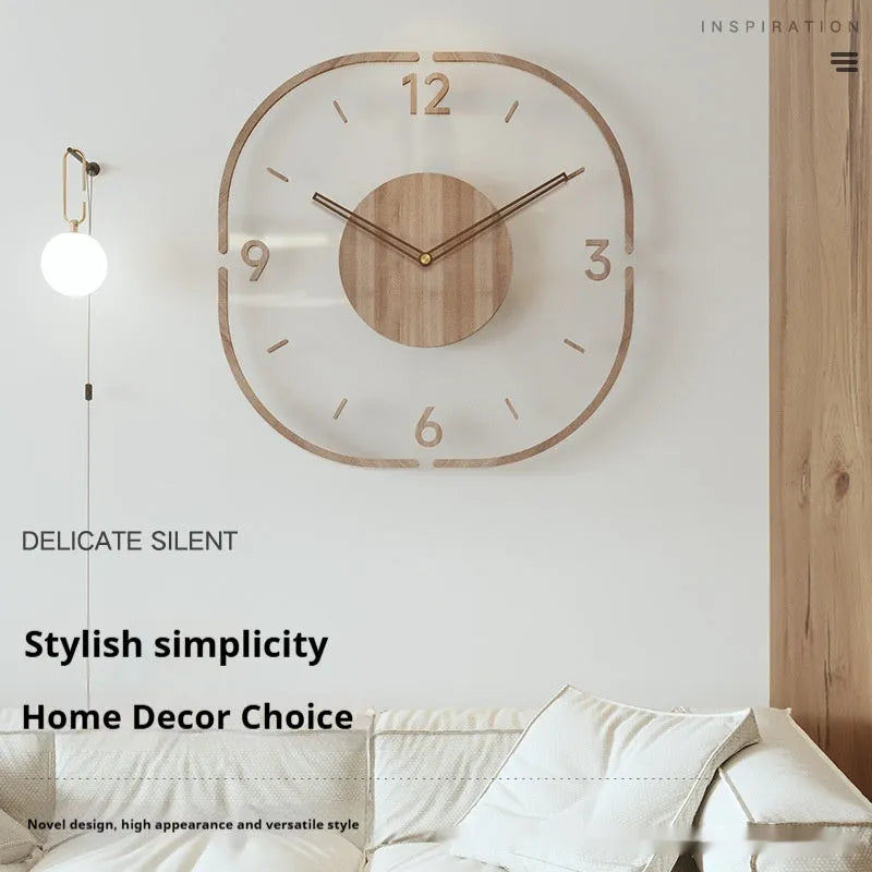 Modern transparent wooden frame wall clock with 35cm square dimensions for living room or office
