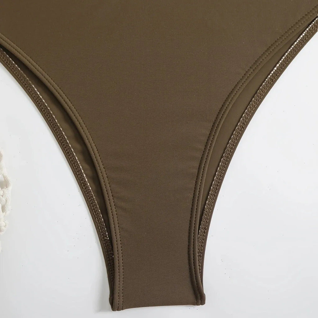 Women's brown polyester quick-dry bikini split swimsuit, sleeveless, available in sizes S M L