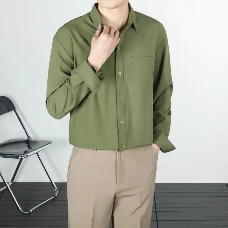 Men's loose-fit linen long-sleeved shirt in solid colour with wrinkle-free finish, sizes S to 4XL