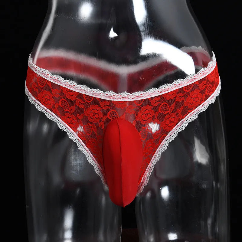 Men's lace underwear with vertical pouch support in low-waist design