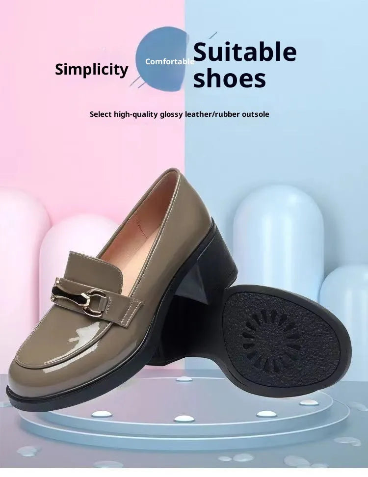 Dark green glossy chunky heel loafers for women with metal buckle and round toe on a white background