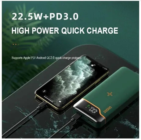 Portable power bank 20000mAh with 22.5W fast charging and 15W wireless charging in retro green colour