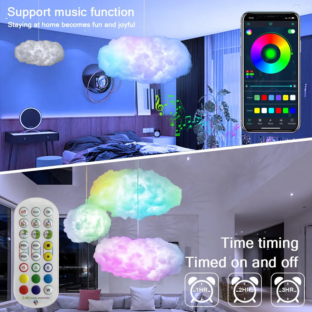 White fabric LED cloud pendant lamp with RGBIC colour changing and lightning simulation effects