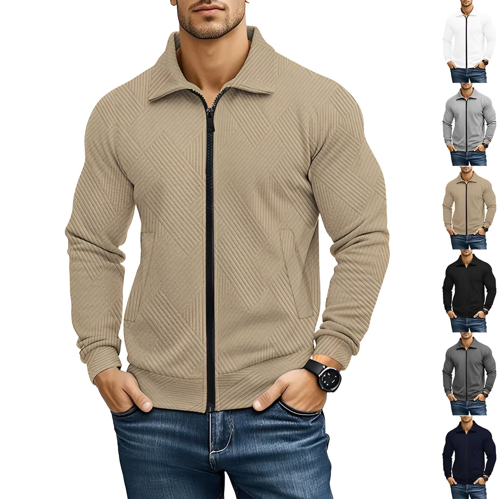 Men's solid colour casual jacket with a textured waffle turn-down collar, shown in multiple colour options.