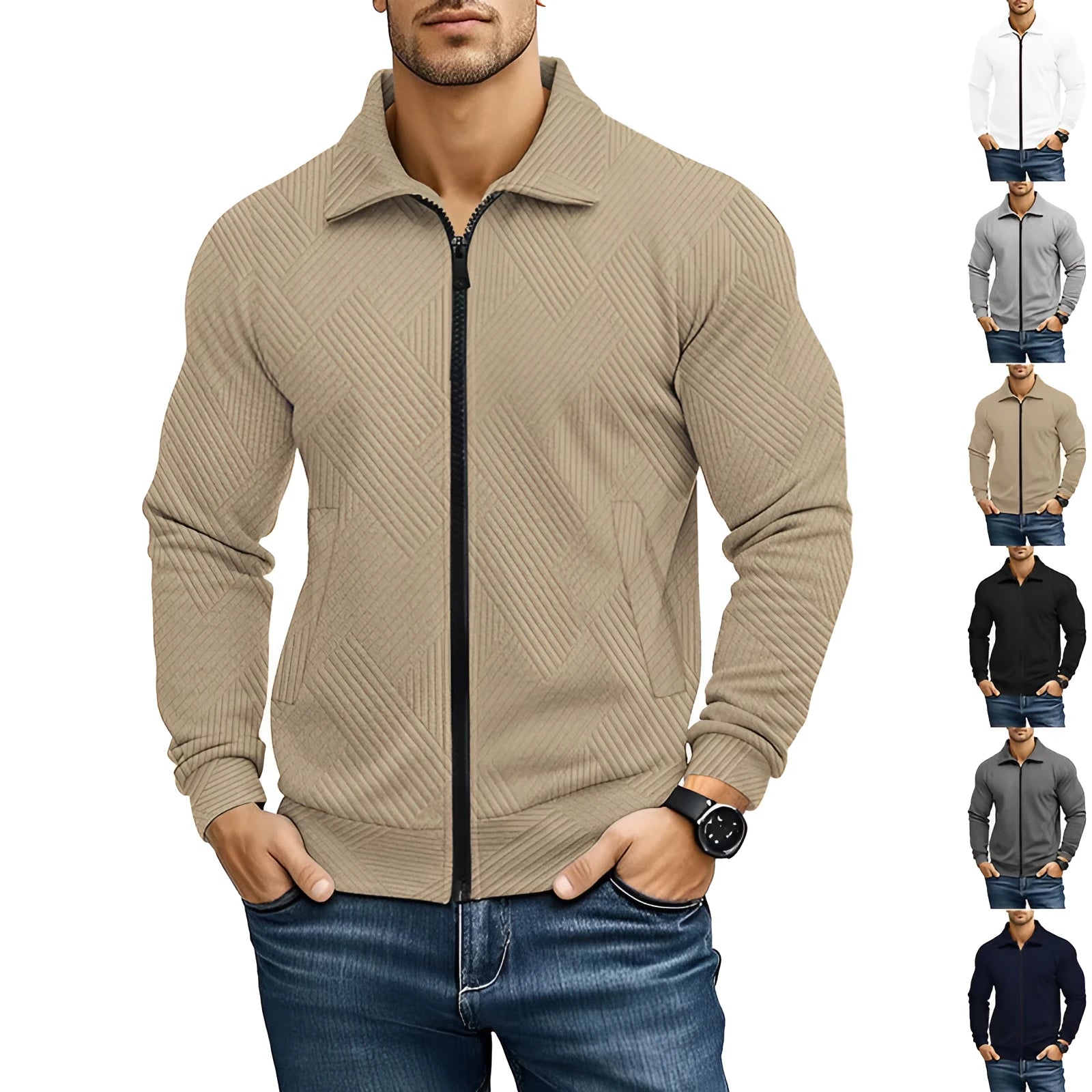 Men's solid colour casual jacket with a textured waffle turn-down collar, shown in multiple colour options.