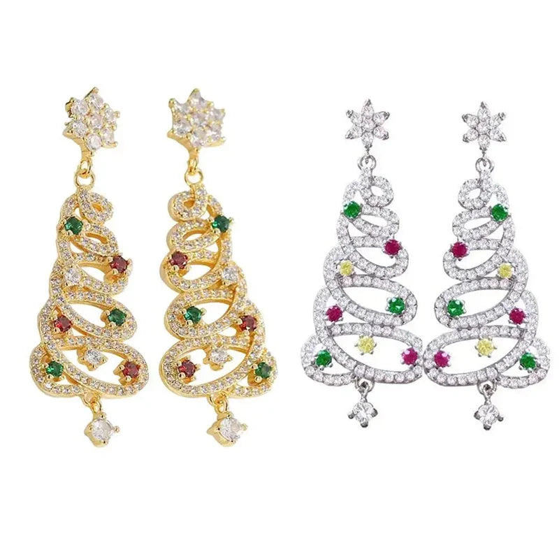 Festive Christmas tree tassel earrings with colorful zircon inlays
