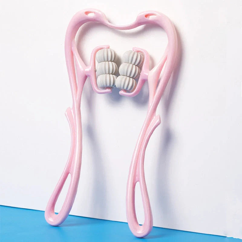 Six-wheel neck massager in blue and pink with 360° rolling balls for muscle relief