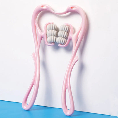 Six-wheel neck massager in blue and pink with 360° rolling balls for muscle relief