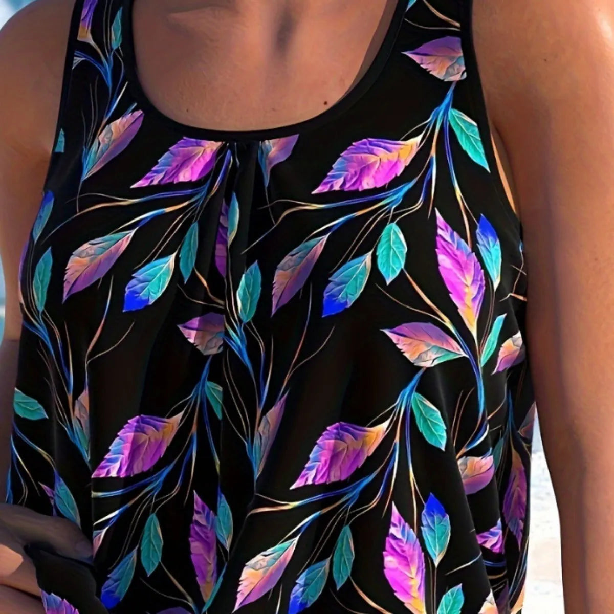 Women's leaf print split design swimsuit with shorts in polyester fabric available in plus sizes