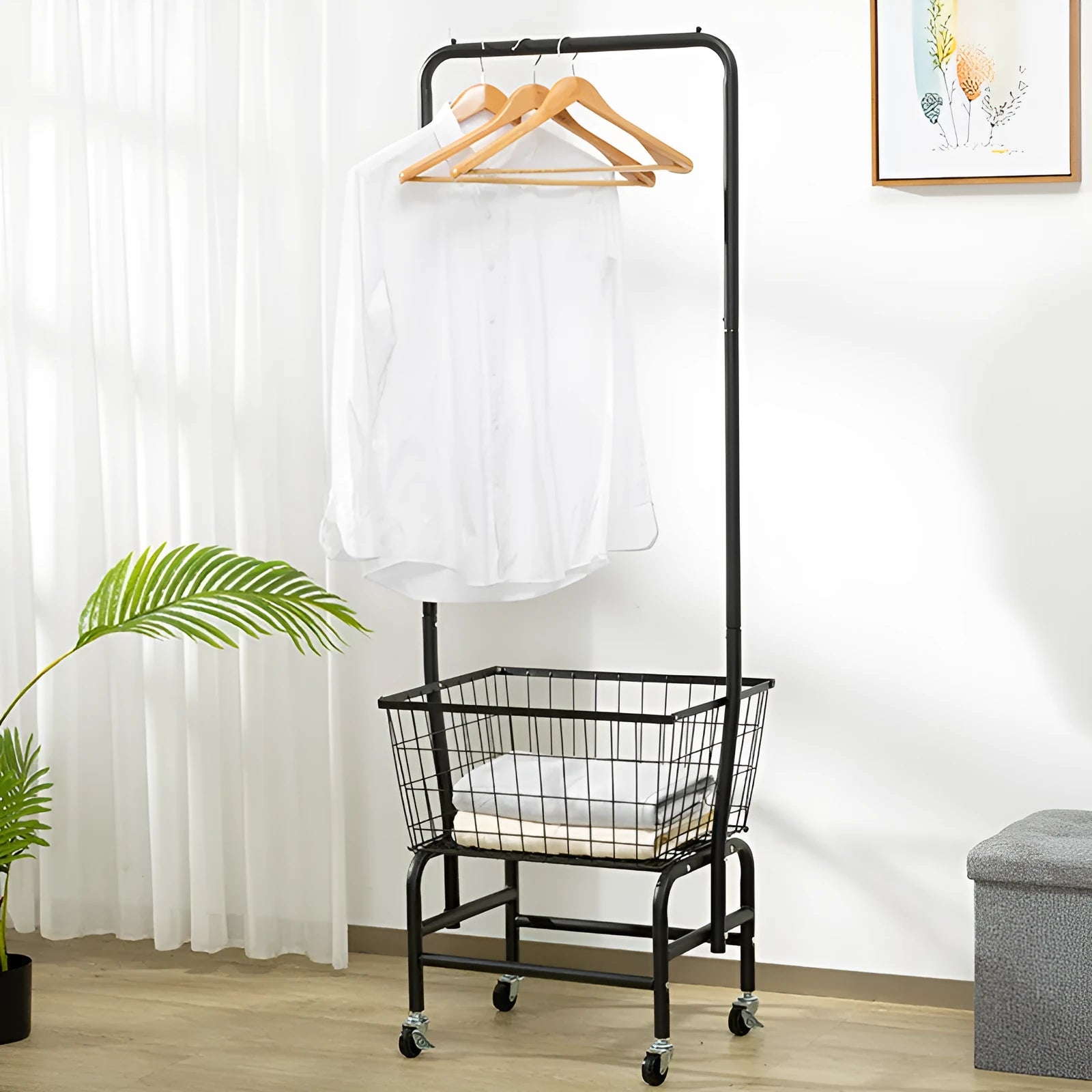 Iron single rod pulley clothes rail for wardrobe organisation in black or white