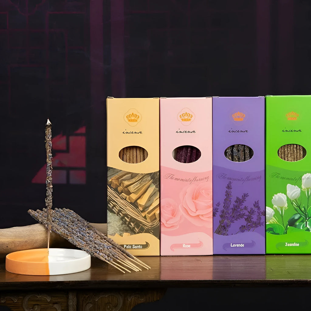 Argentine handmade incense set with ten sticks and a storage box, shown with fragrance options label.