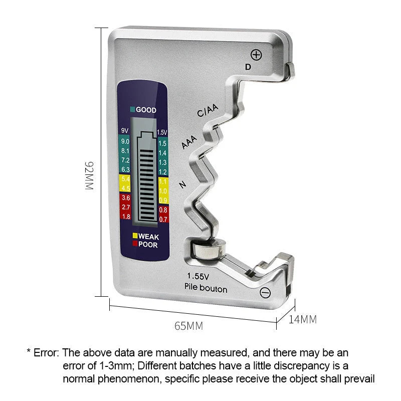 Universal digital battery tester for AA, AAA, 9V, and button cells with LCD display