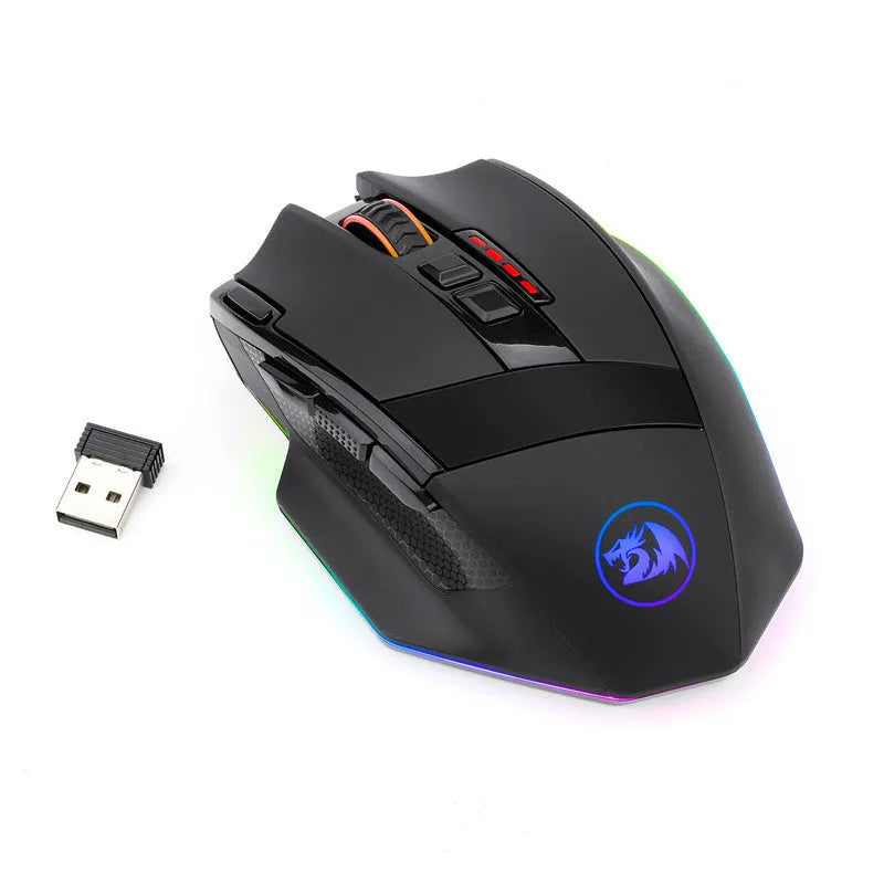 Black Redragon M801P dual mode wireless and wired gaming mouse on a desk.