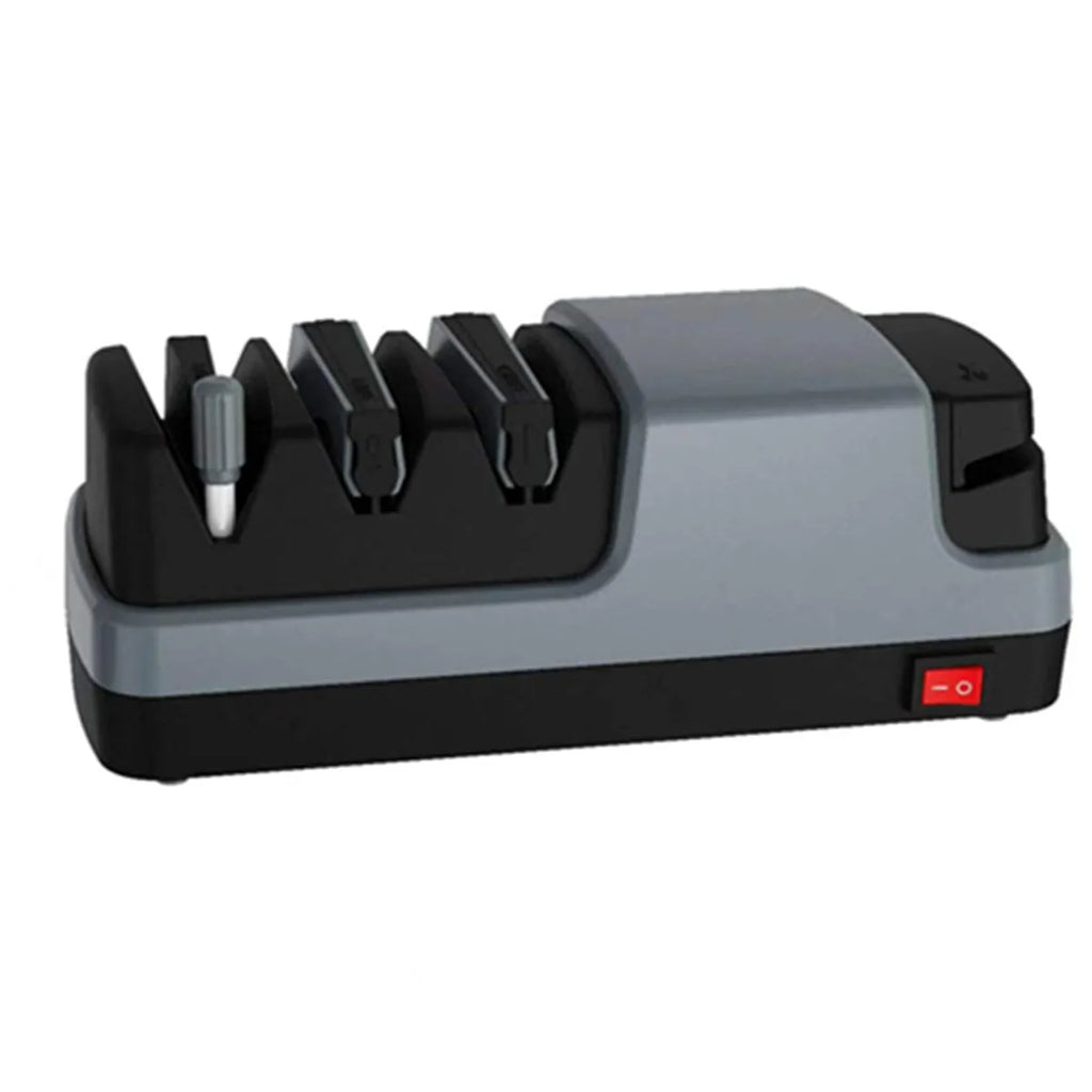 Gray multifunctional electric knife sharpener with diamond wheel and ceramic rod for garden axe and kitchen blades