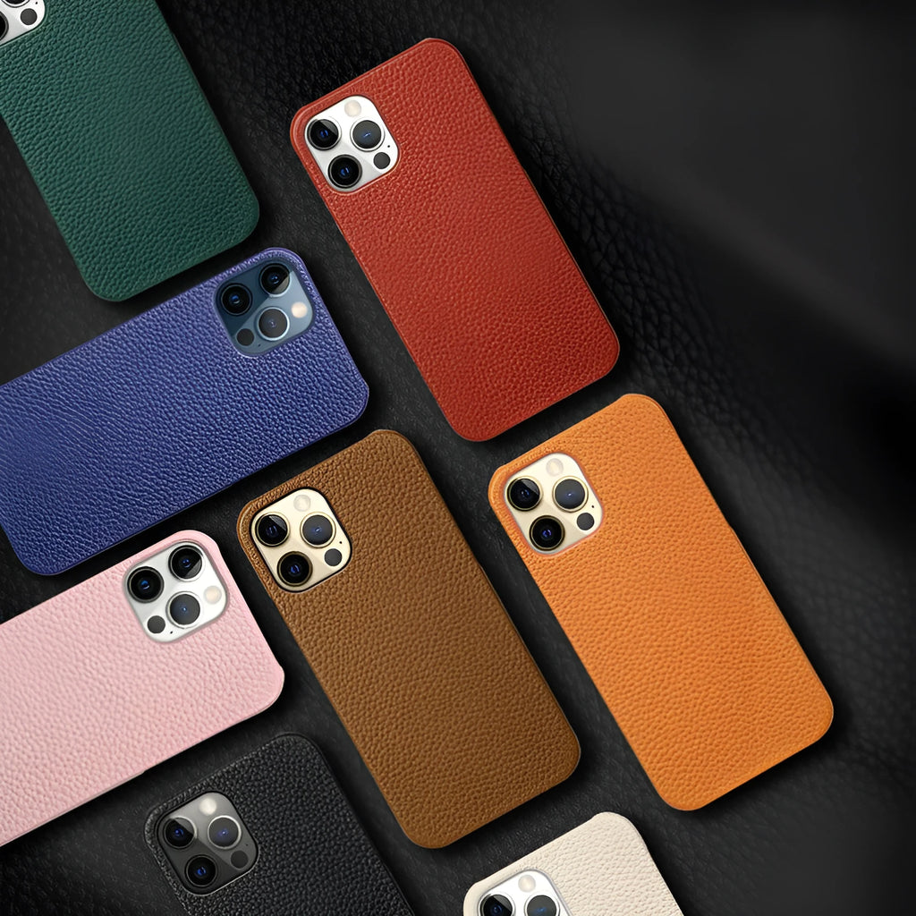 Genuine leather protective case for iPhone in simple half-wrap design on a table.