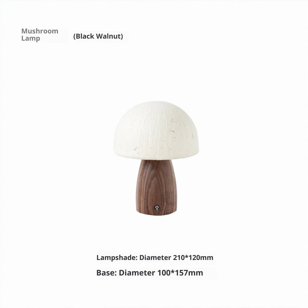 Handmade black walnut mushroom lamp with Japanese style ambient glow on tabletop