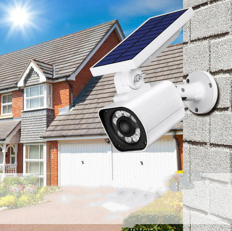 Outdoor solar simulation camera search light with aluminium alloy and ABS shell, 800 lumen LED, IP67 rating, white colour, courtyard garden placement