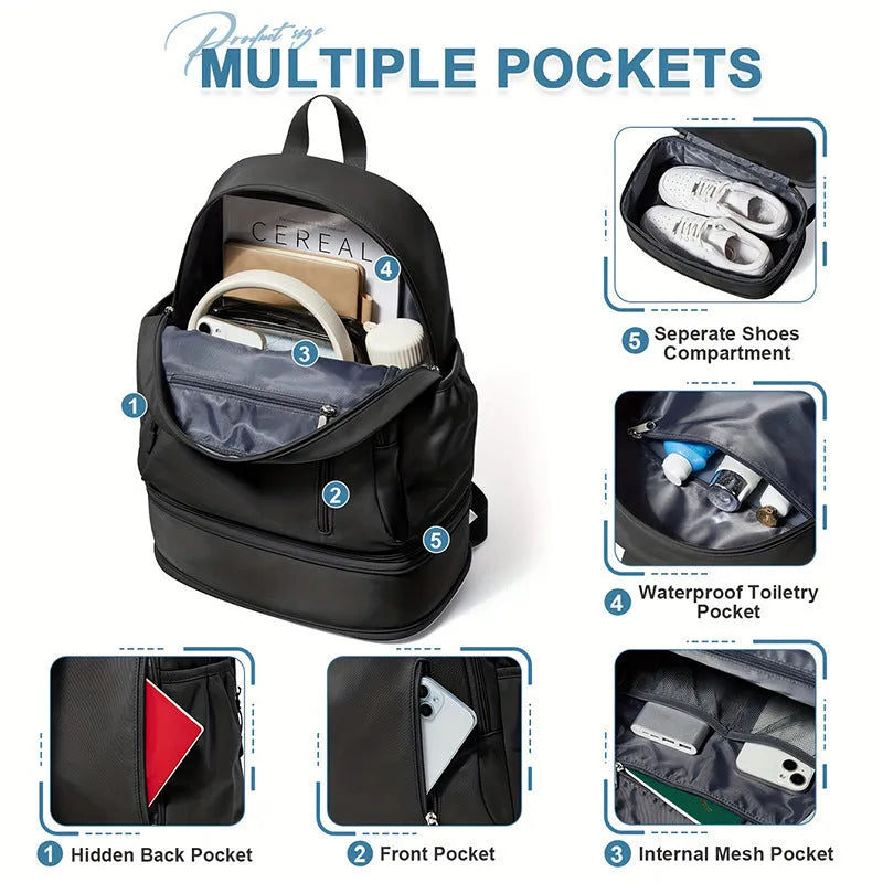 Waterproof 20-35L polyester backpack in black with adjustable curved shoulder straps