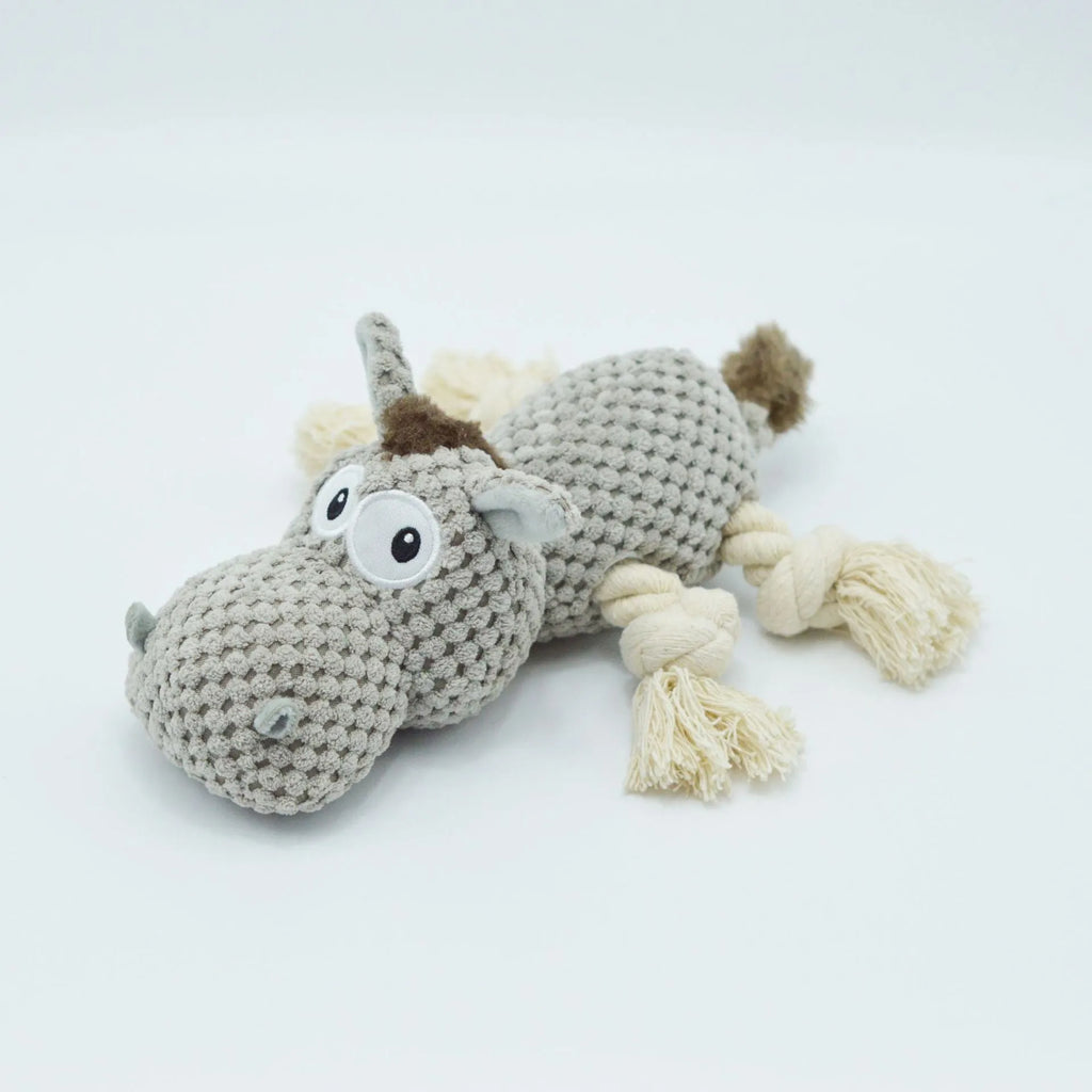 Grey donkey-shaped plush dog toy with squeaker measuring 27cm long