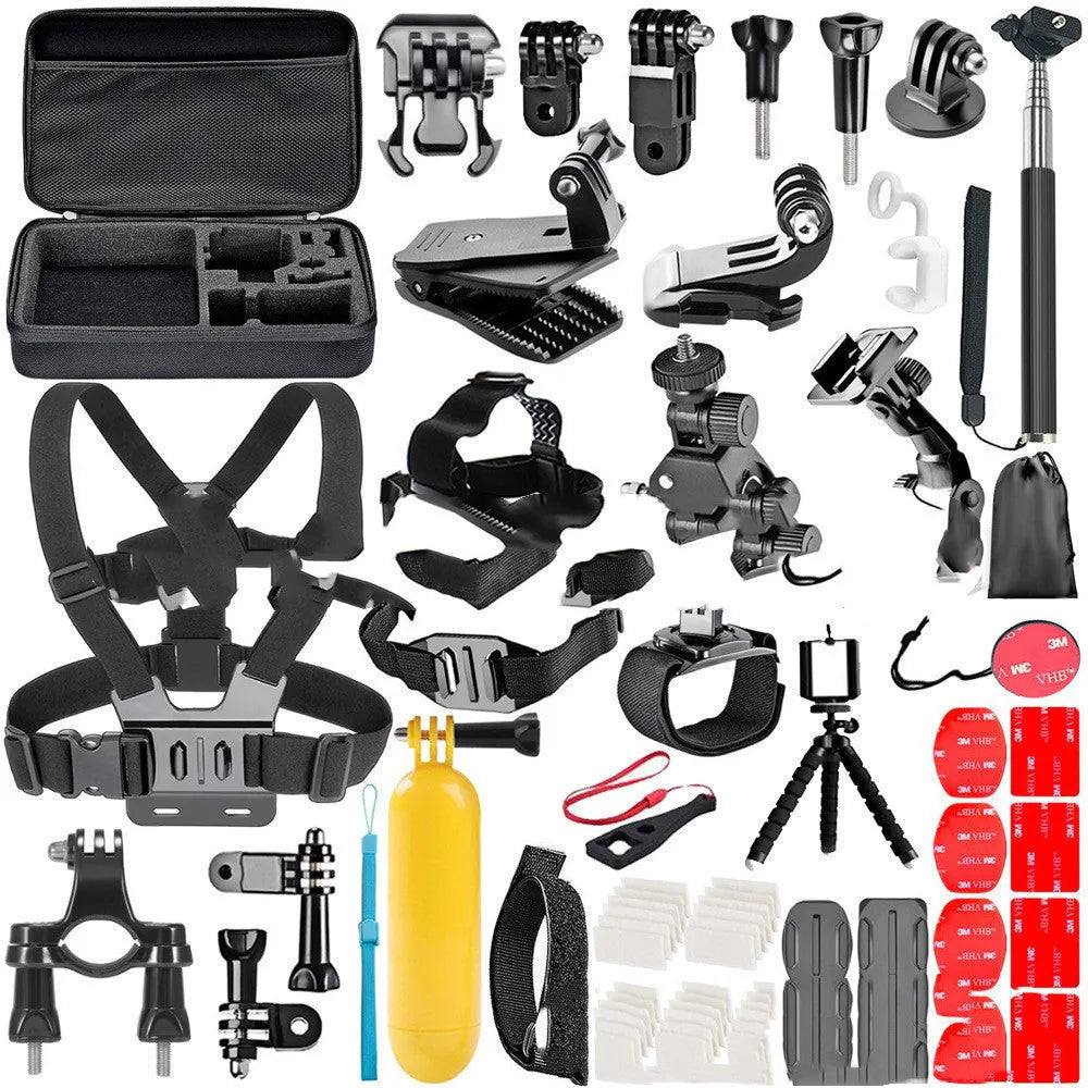 Black GoPro accessories set with chest strap, helmet mount, and tripod for action cameras